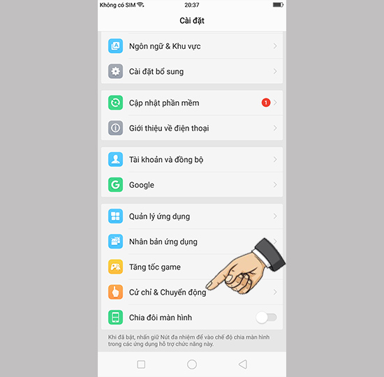 Vào cài đặt cử chỉ